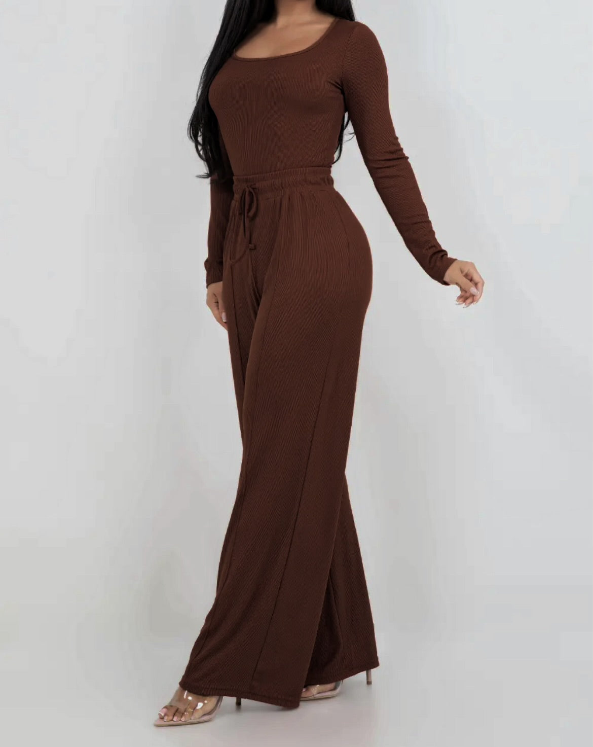 Bodysuit with matching flare pants set Brown