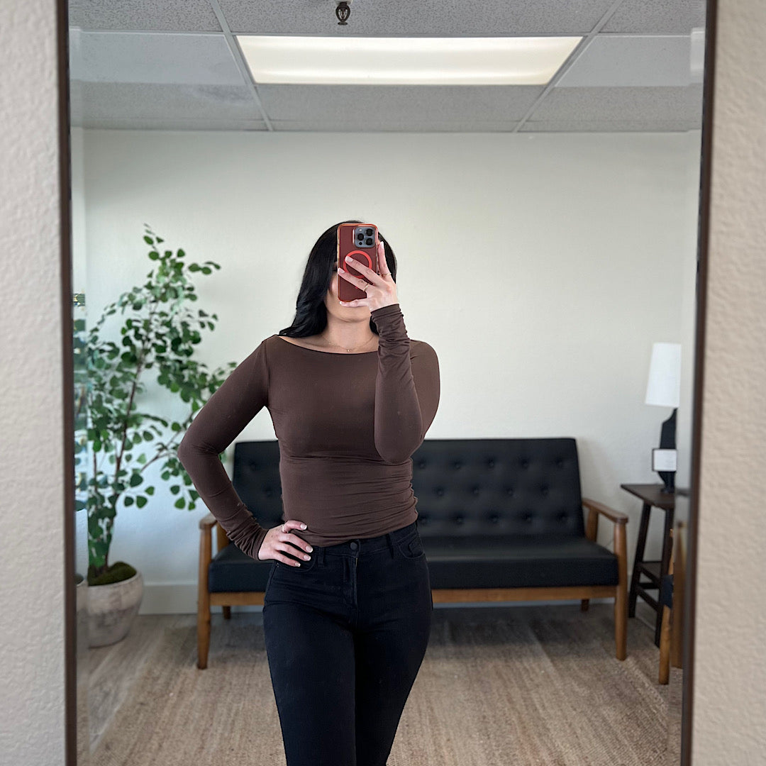 Brown Boat Neck Long Sleeve