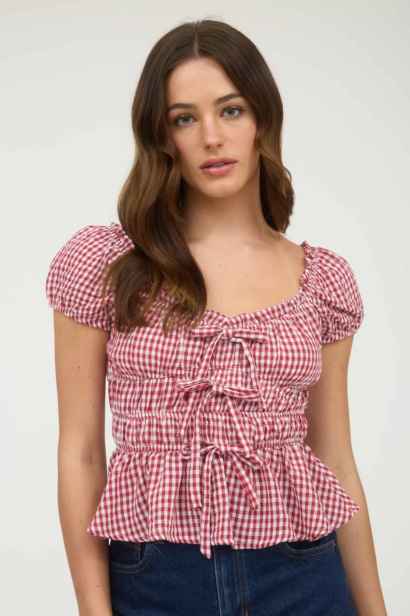 Gingham Bow Detail Shirred Waist Short Sleeve Top