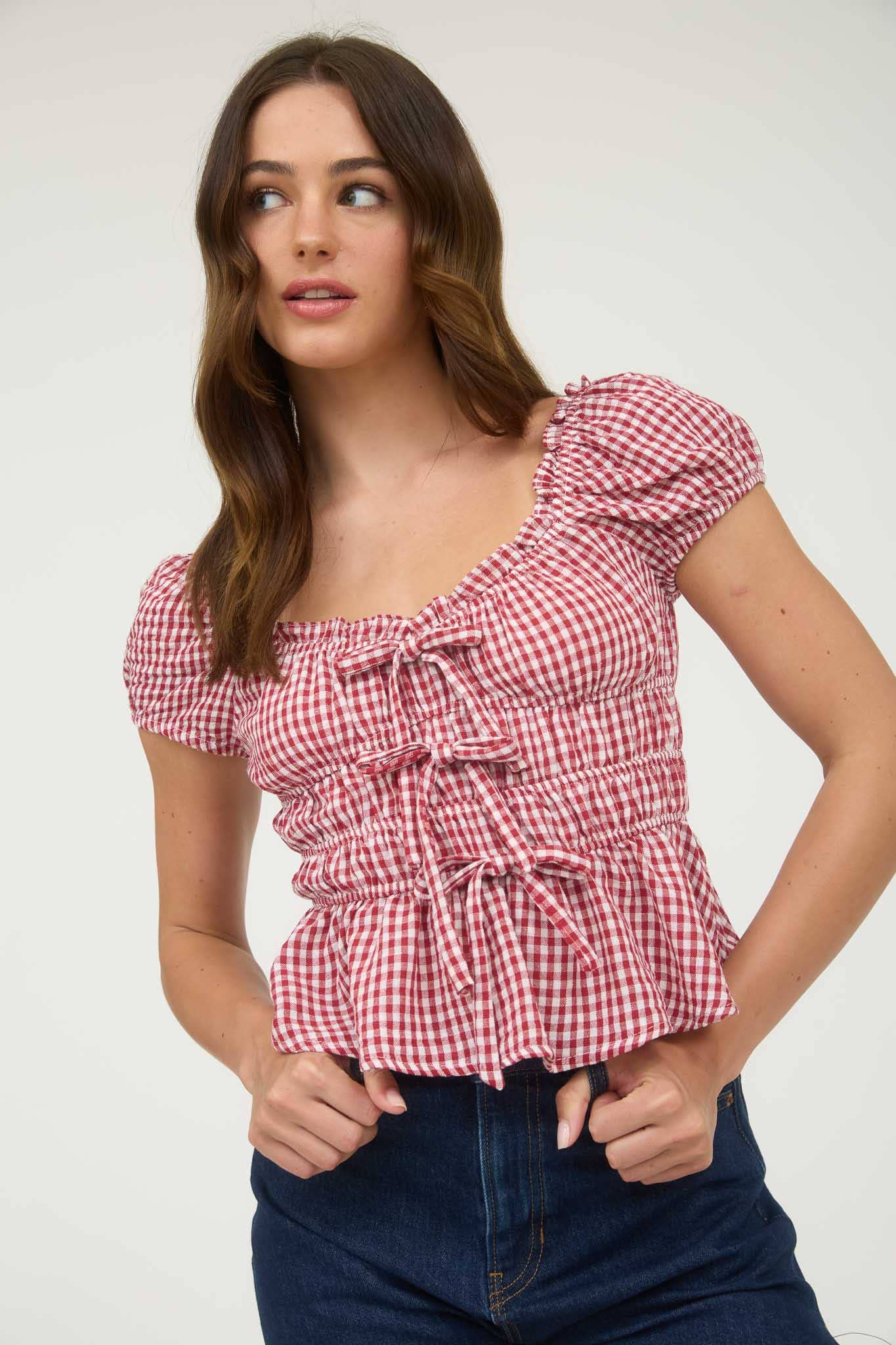 Gingham Bow Detail Shirred Waist Short Sleeve Top
