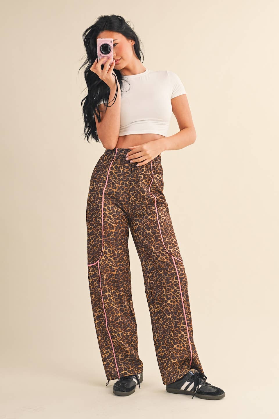 Leopard Print Nylon Track Pants with Contrast Piping