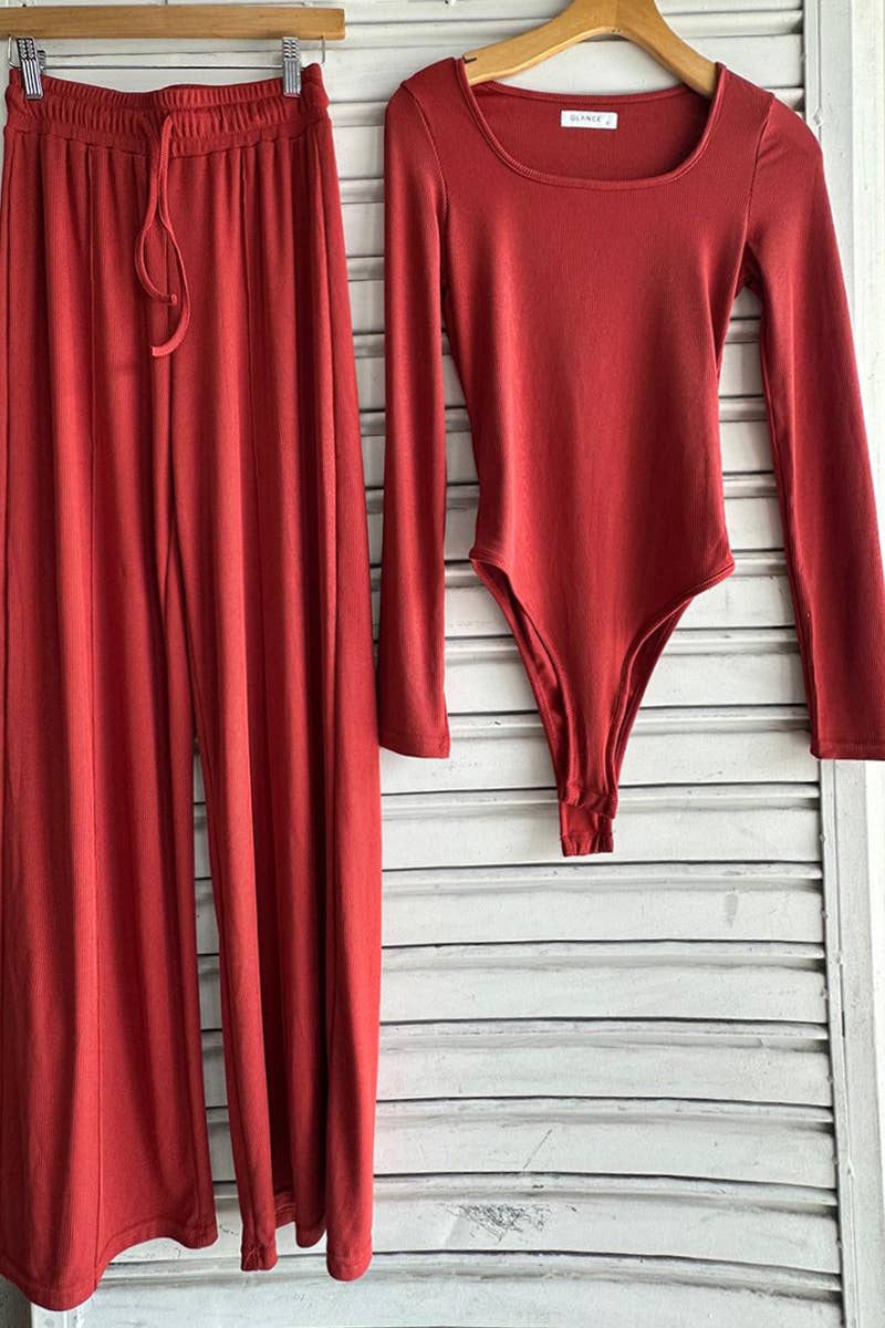 Bodysuit with matching flare pants set Brown