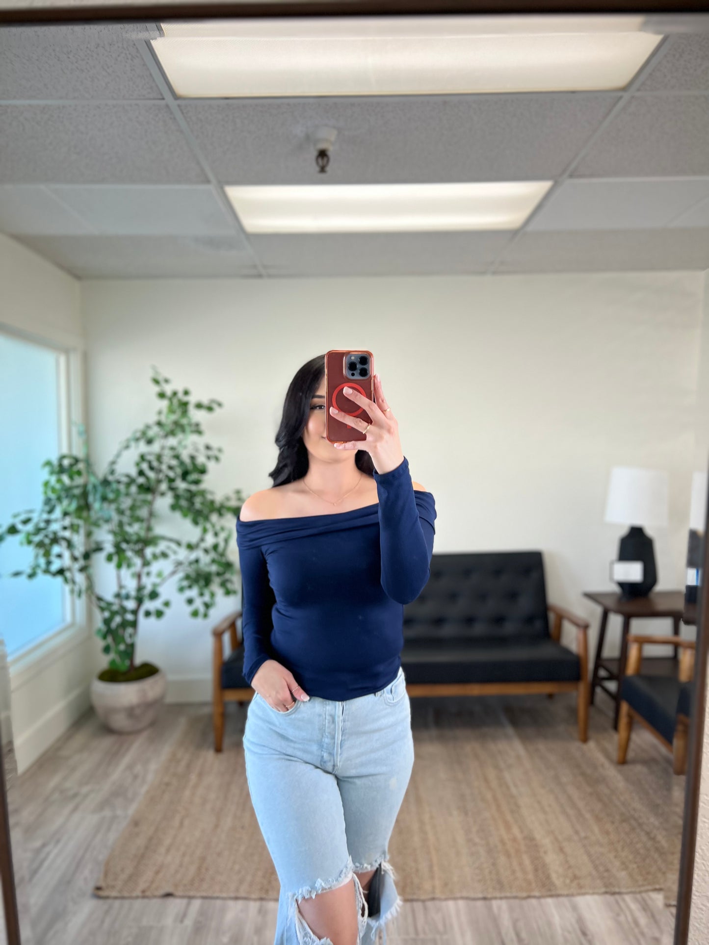 Navy Off The Shoulder Top