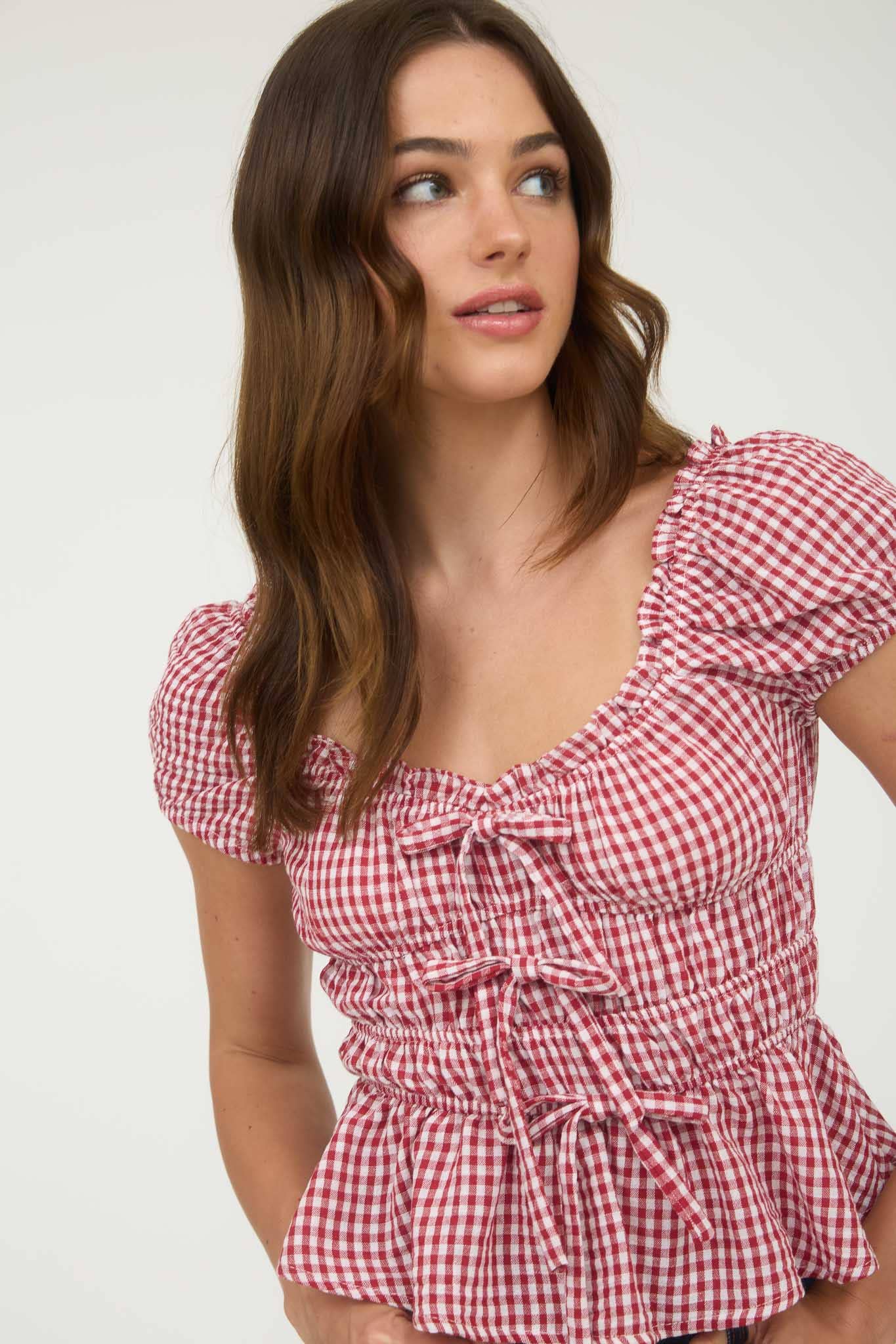 Gingham Bow Detail Shirred Waist Short Sleeve Top