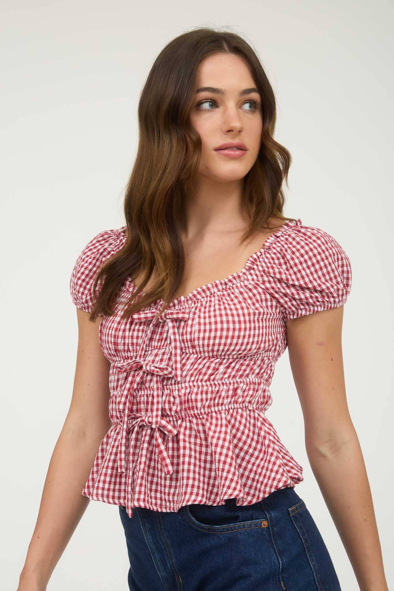 Gingham Bow Detail Shirred Waist Short Sleeve Top