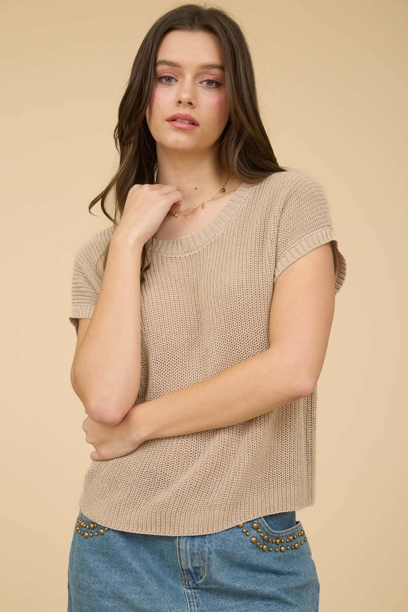 Taupe Crew Neck Pullover Top