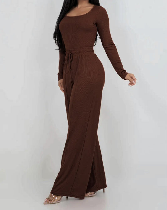 Bodysuit with matching flare pants set Brown