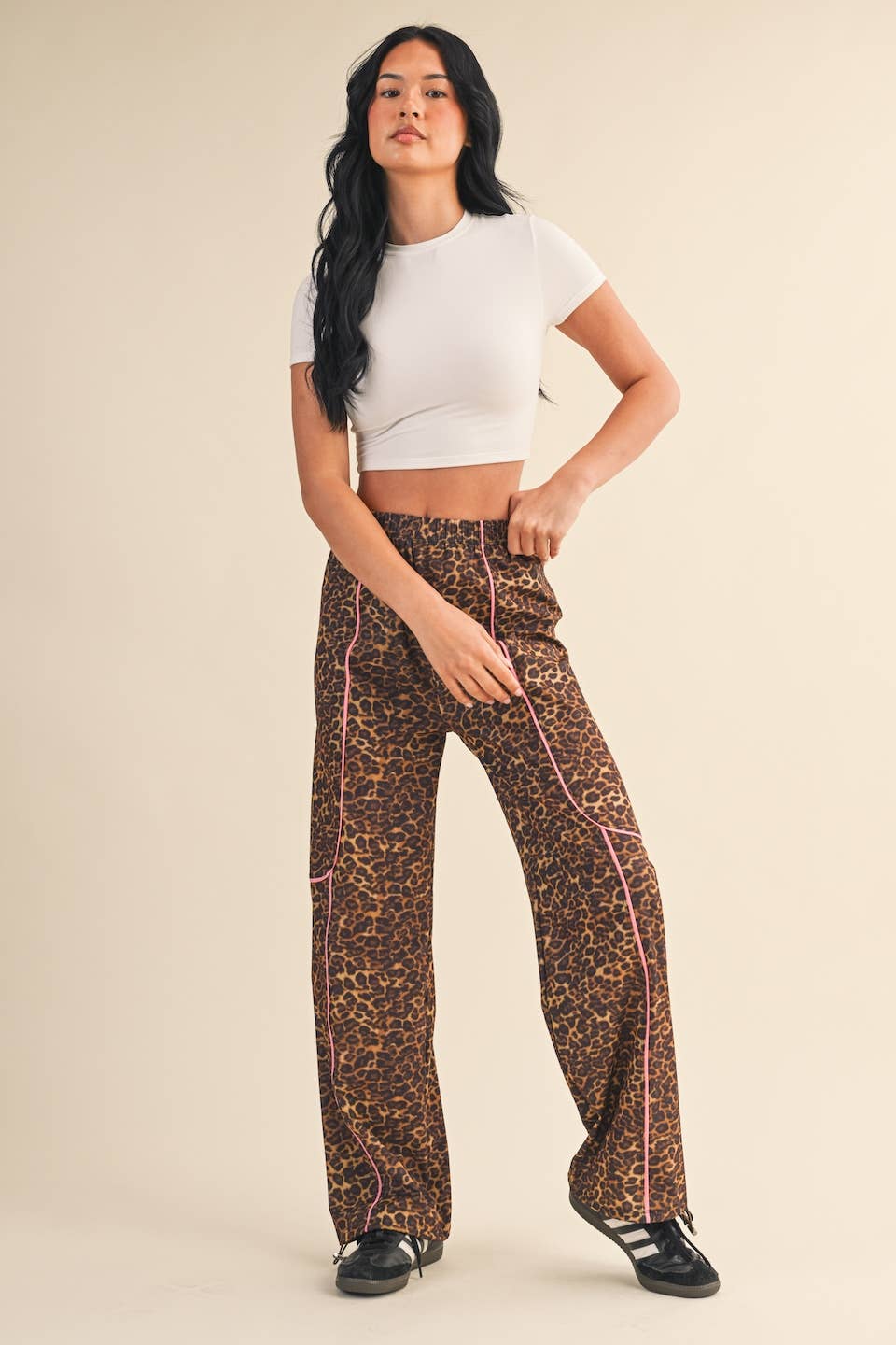 Leopard Print Nylon Track Pants with Contrast Piping
