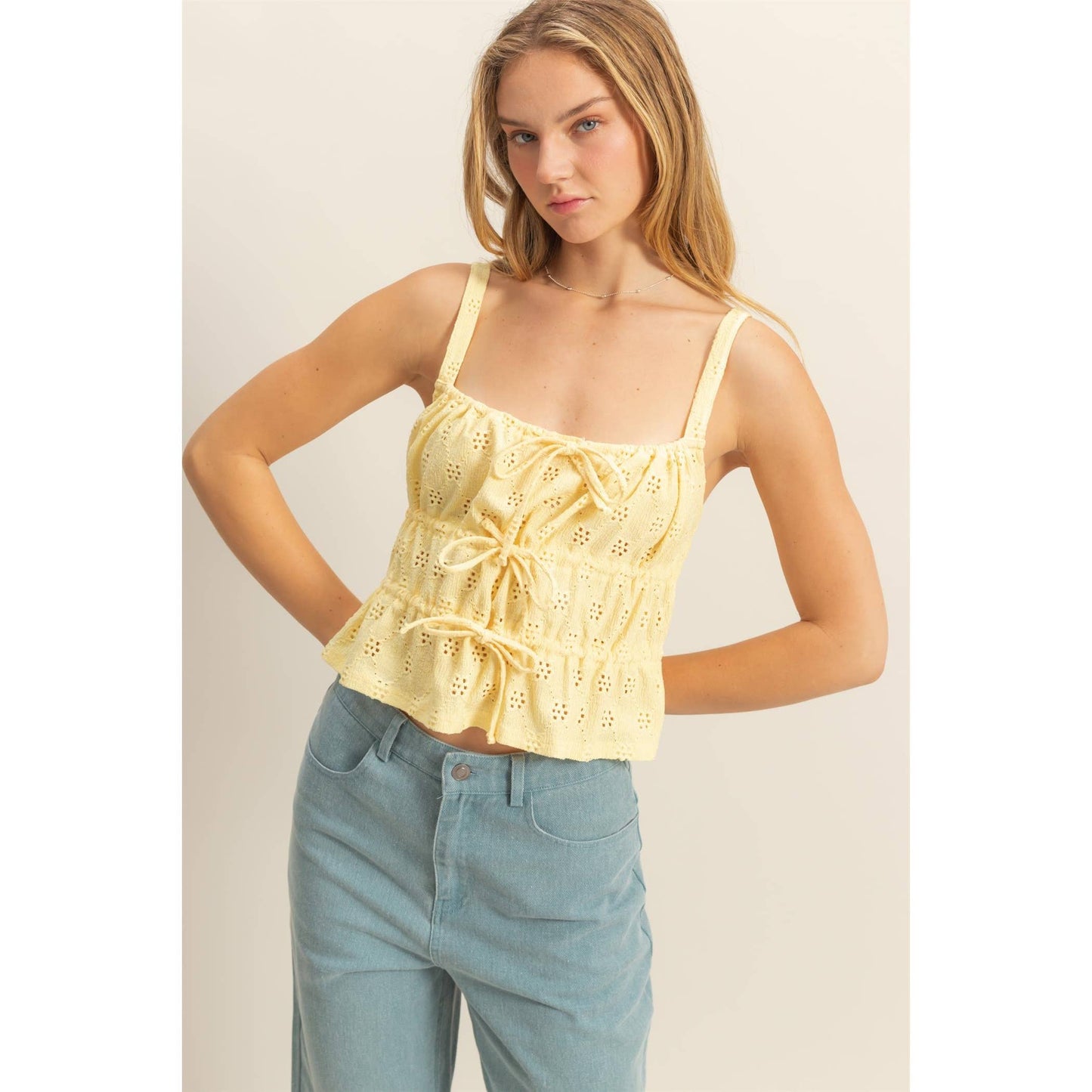 Yellow Ruched Sleeveless Tank Top