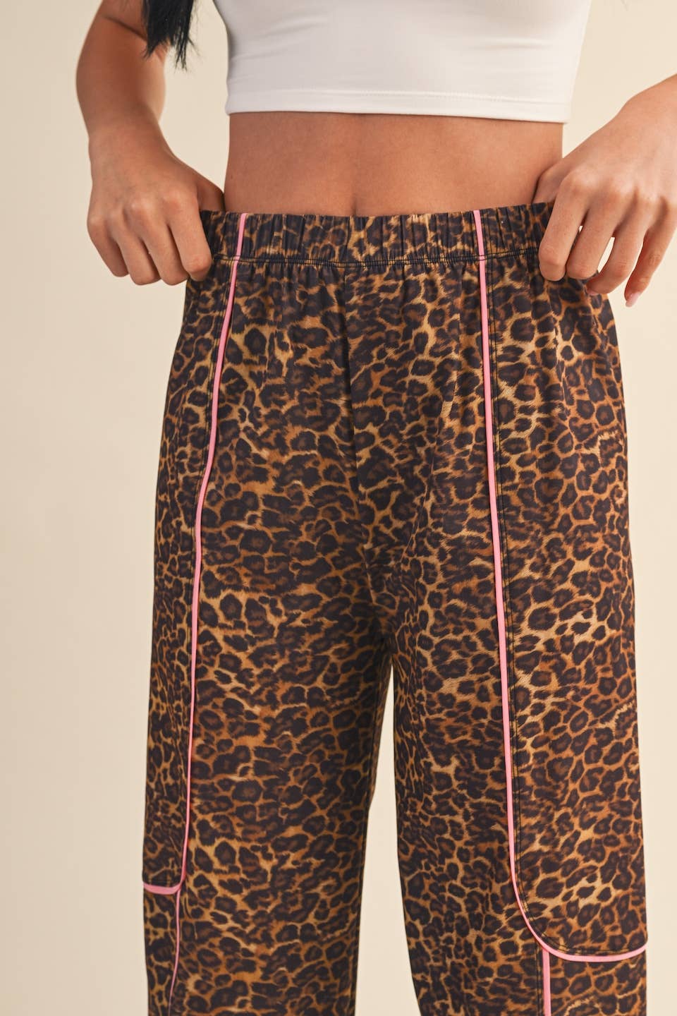 Leopard Print Nylon Track Pants with Contrast Piping