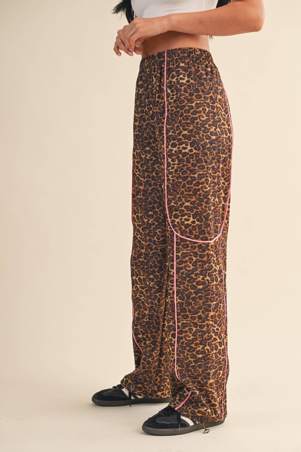 Leopard Print Nylon Track Pants with Contrast Piping