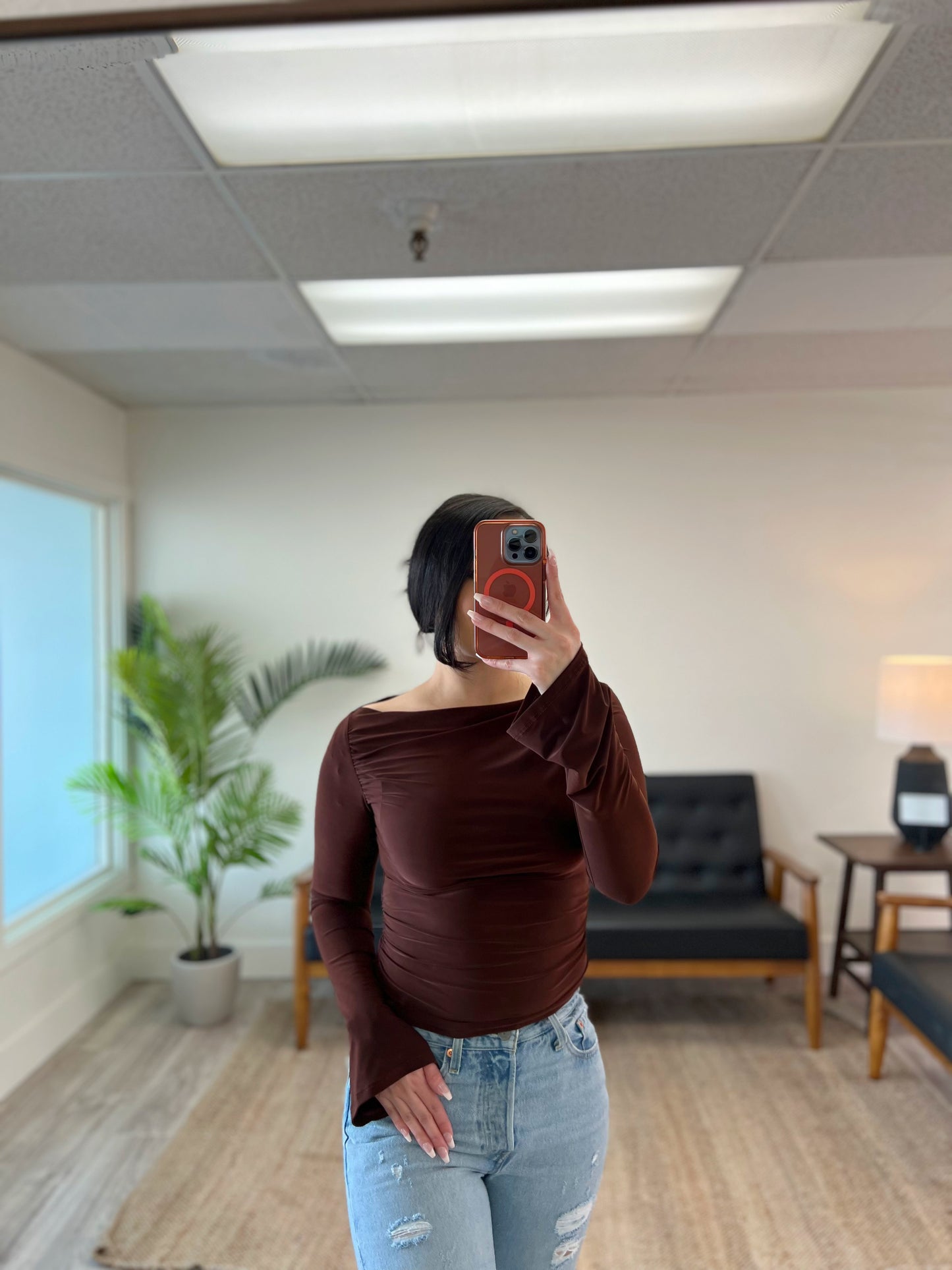 Brown Long Bell Sleeve Boat Neckline