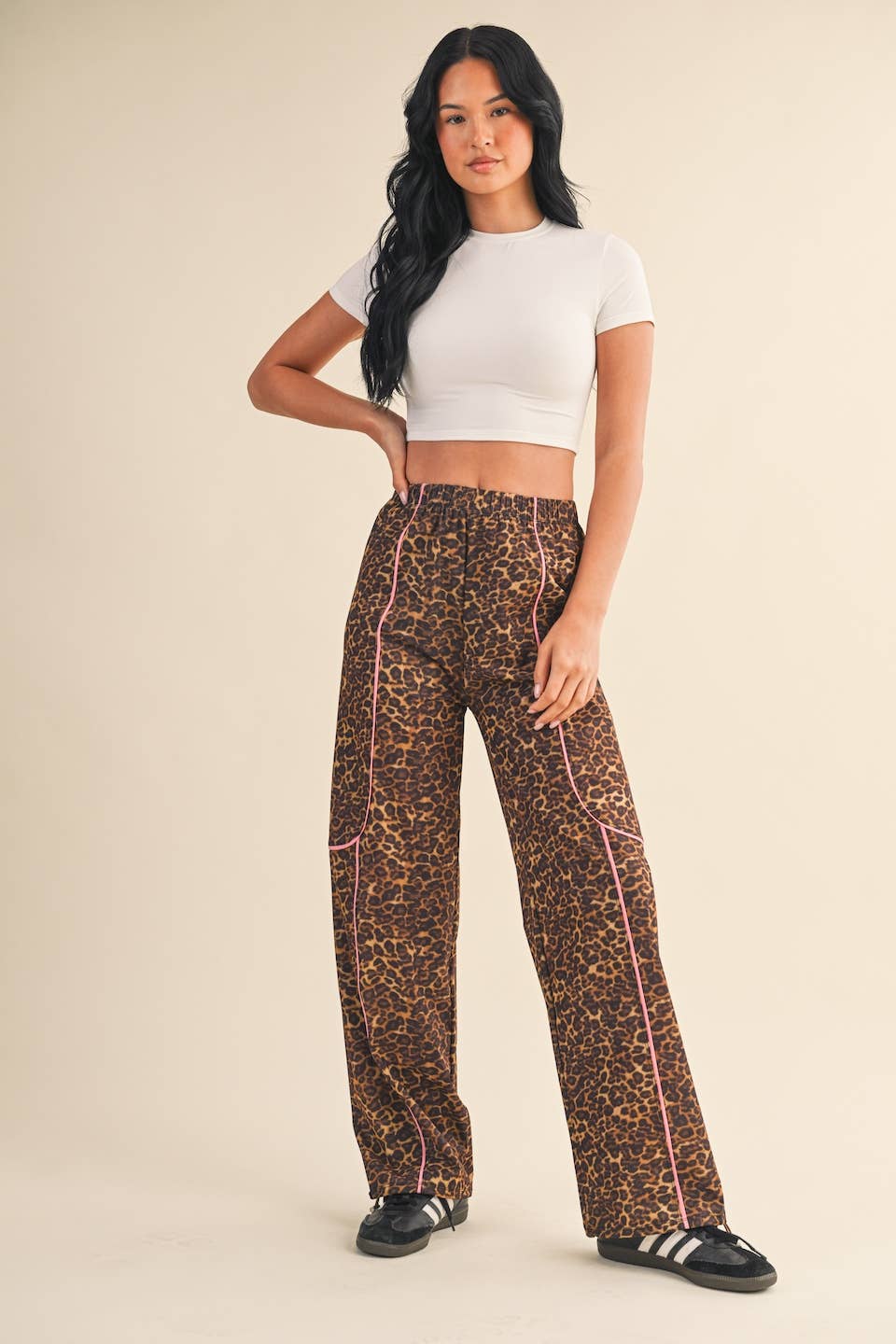 Leopard Print Nylon Track Pants with Contrast Piping