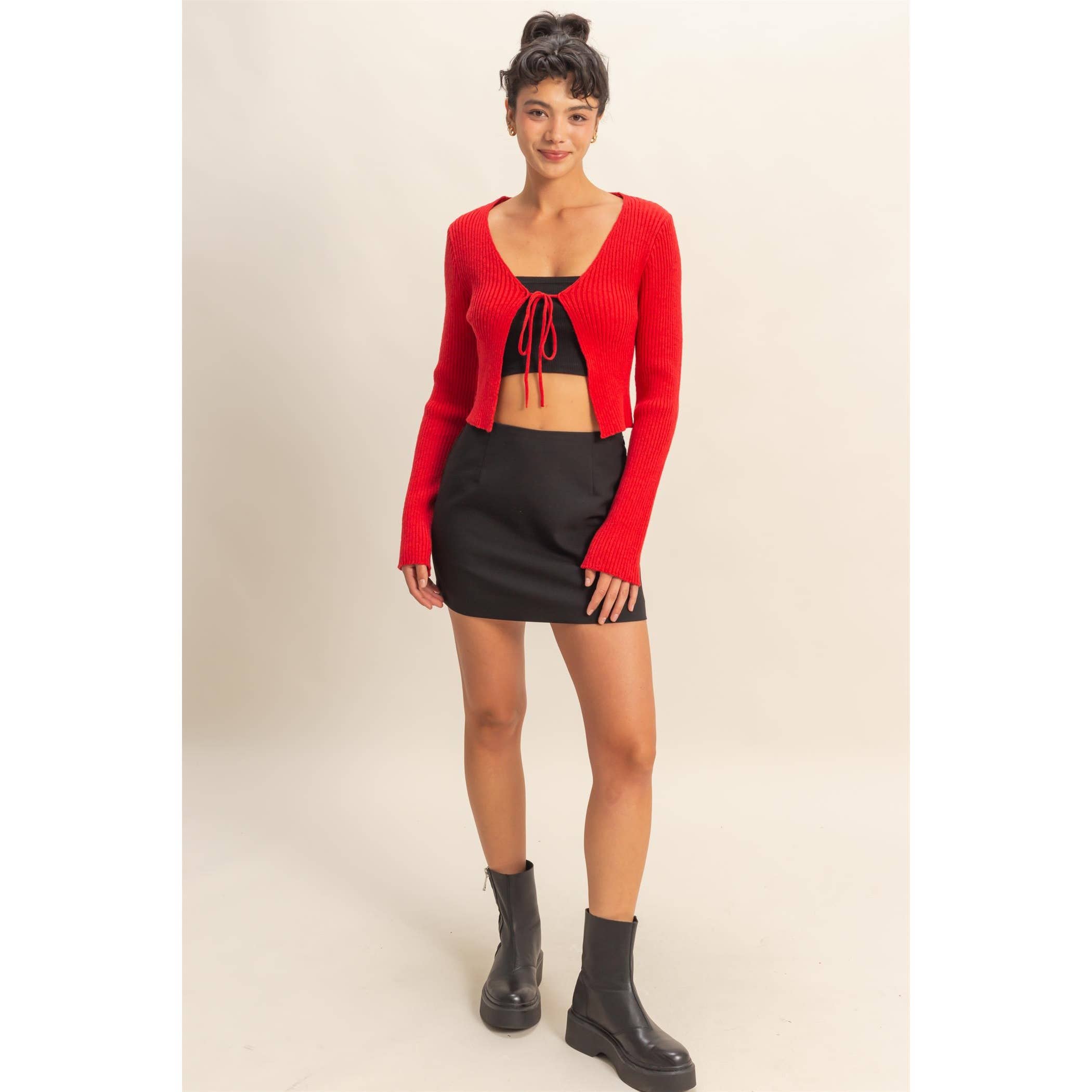 Tie Front V Neck Ribbed Cardigan