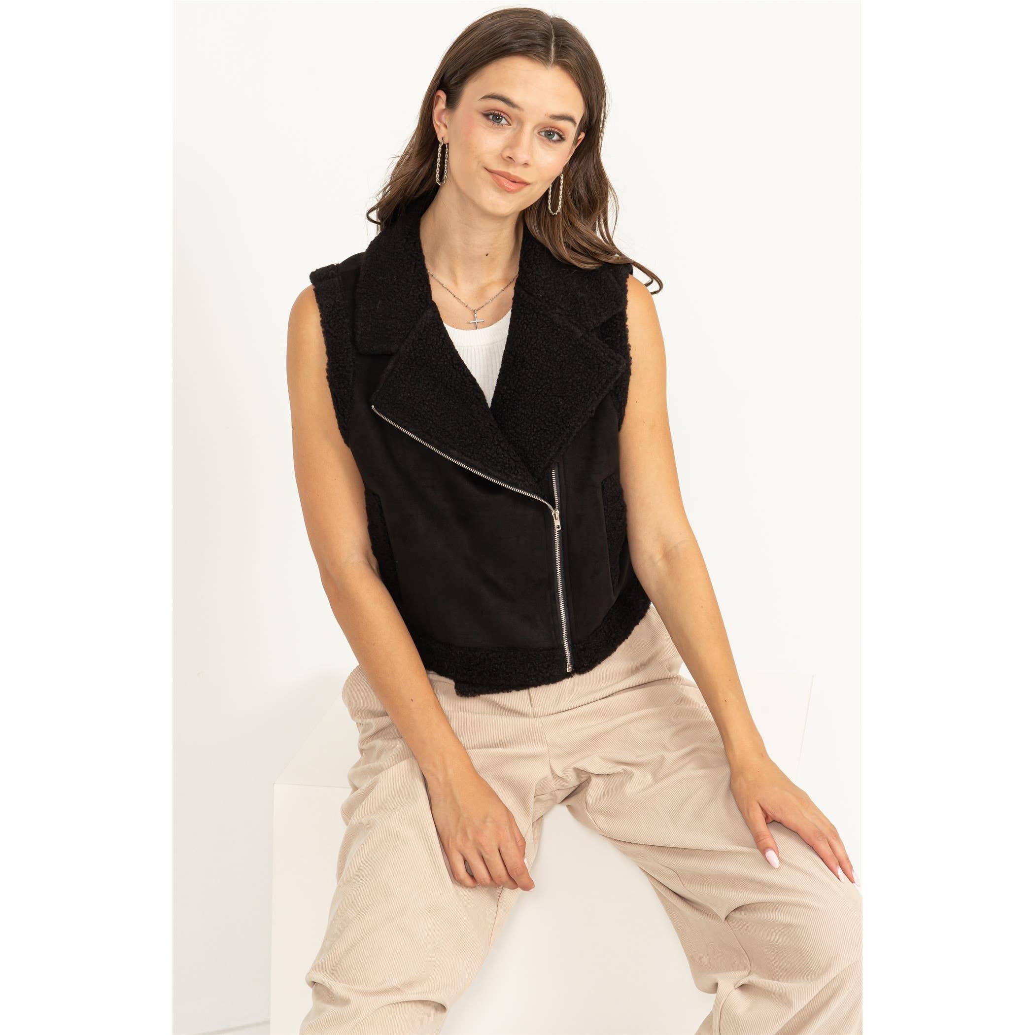 Faux Suede Fur Cropped Vest Black