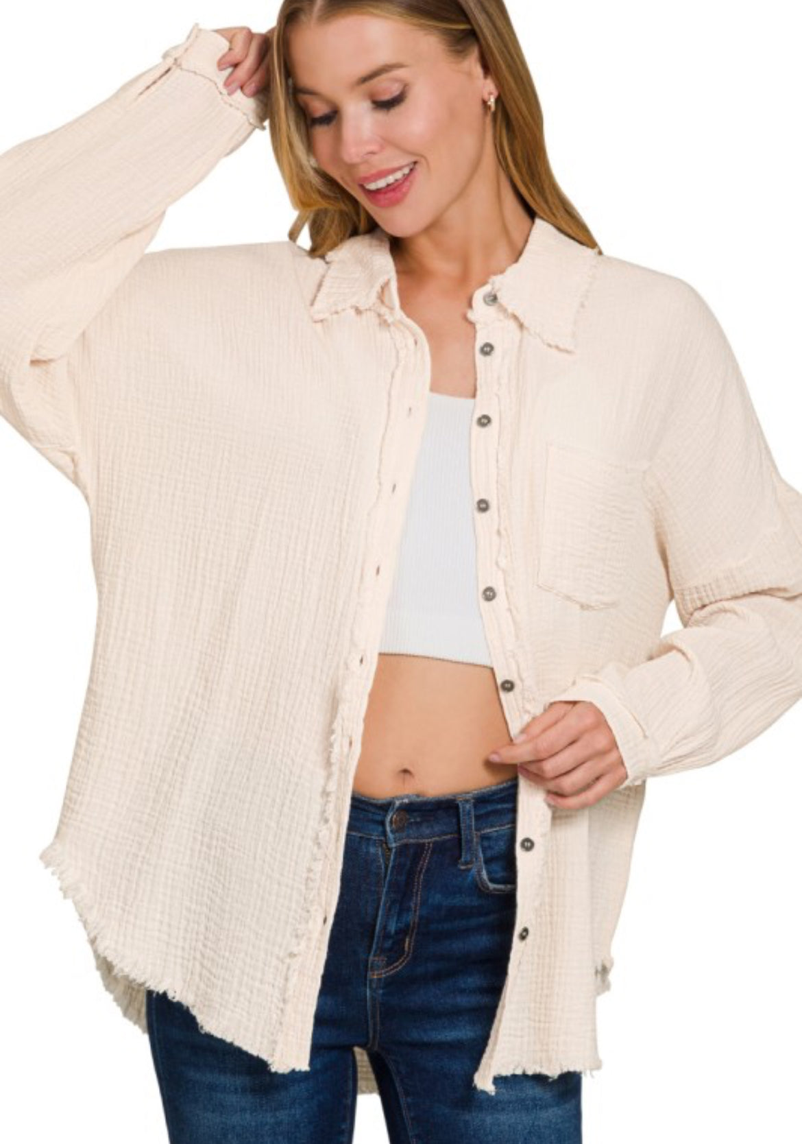 Sand Beige Gauze Oversized Button Up Shirt