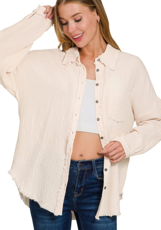 Sand Beige Gauze Oversized Button Up Shirt