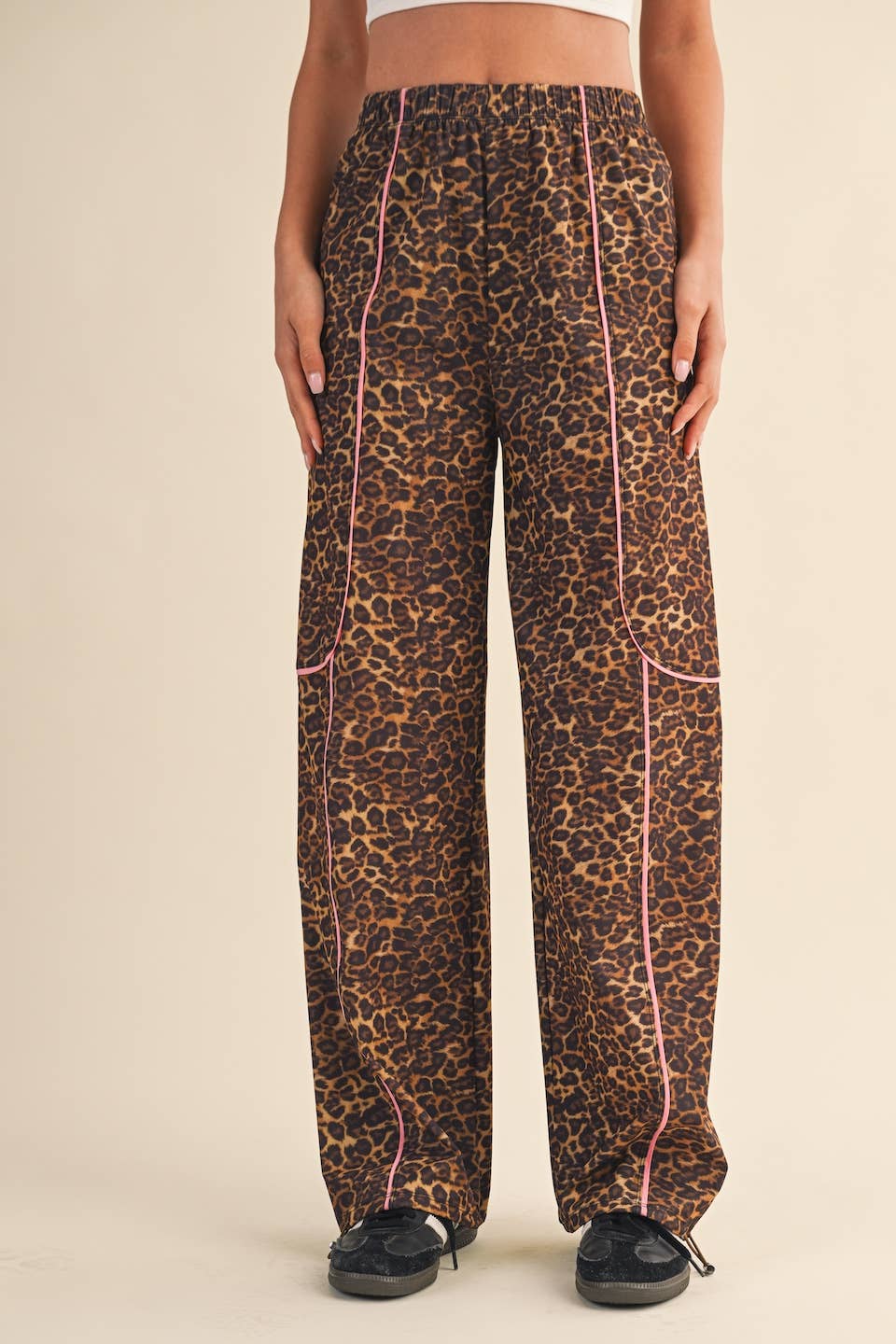 Leopard Print Nylon Track Pants with Contrast Piping