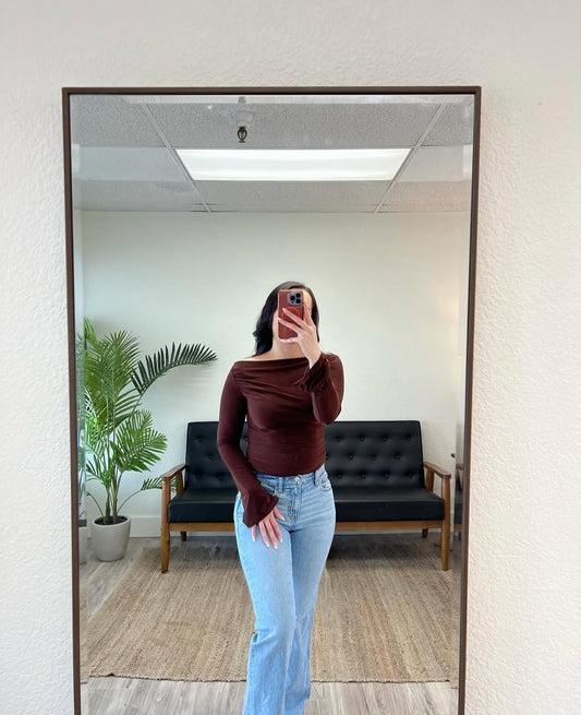 Brown Long Bell Sleeve Boat Neckline