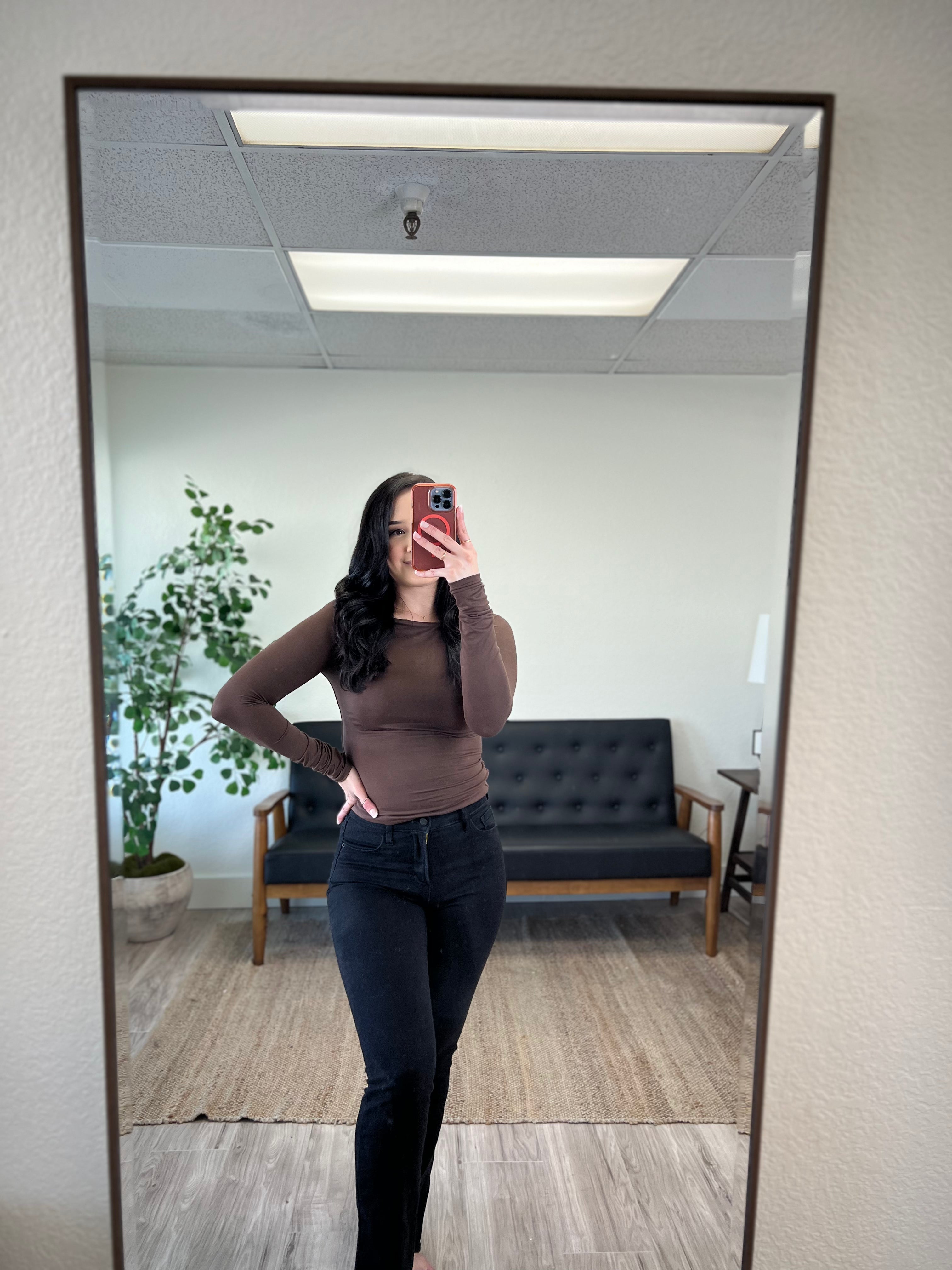 Brown Boat Neck Long Sleeve