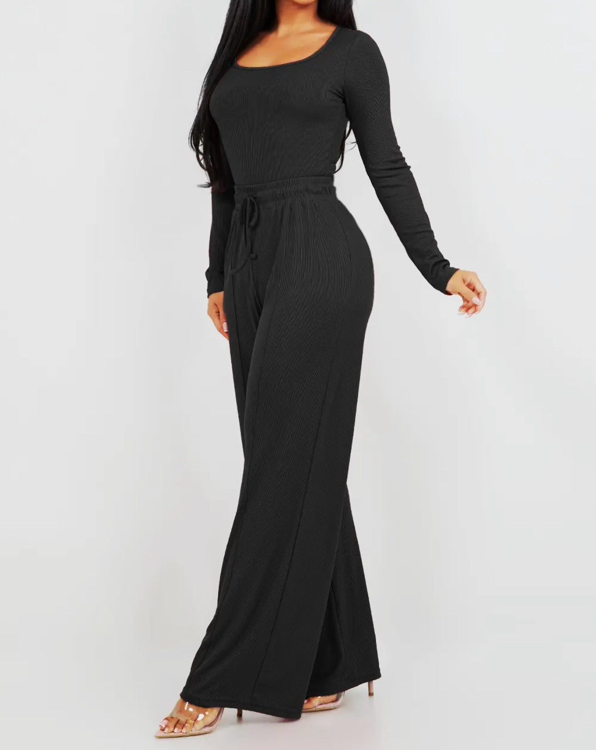 Bodysuit with matching flare pants set Black