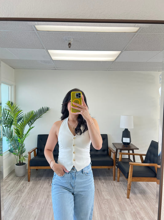 White Halter V Neck Vest