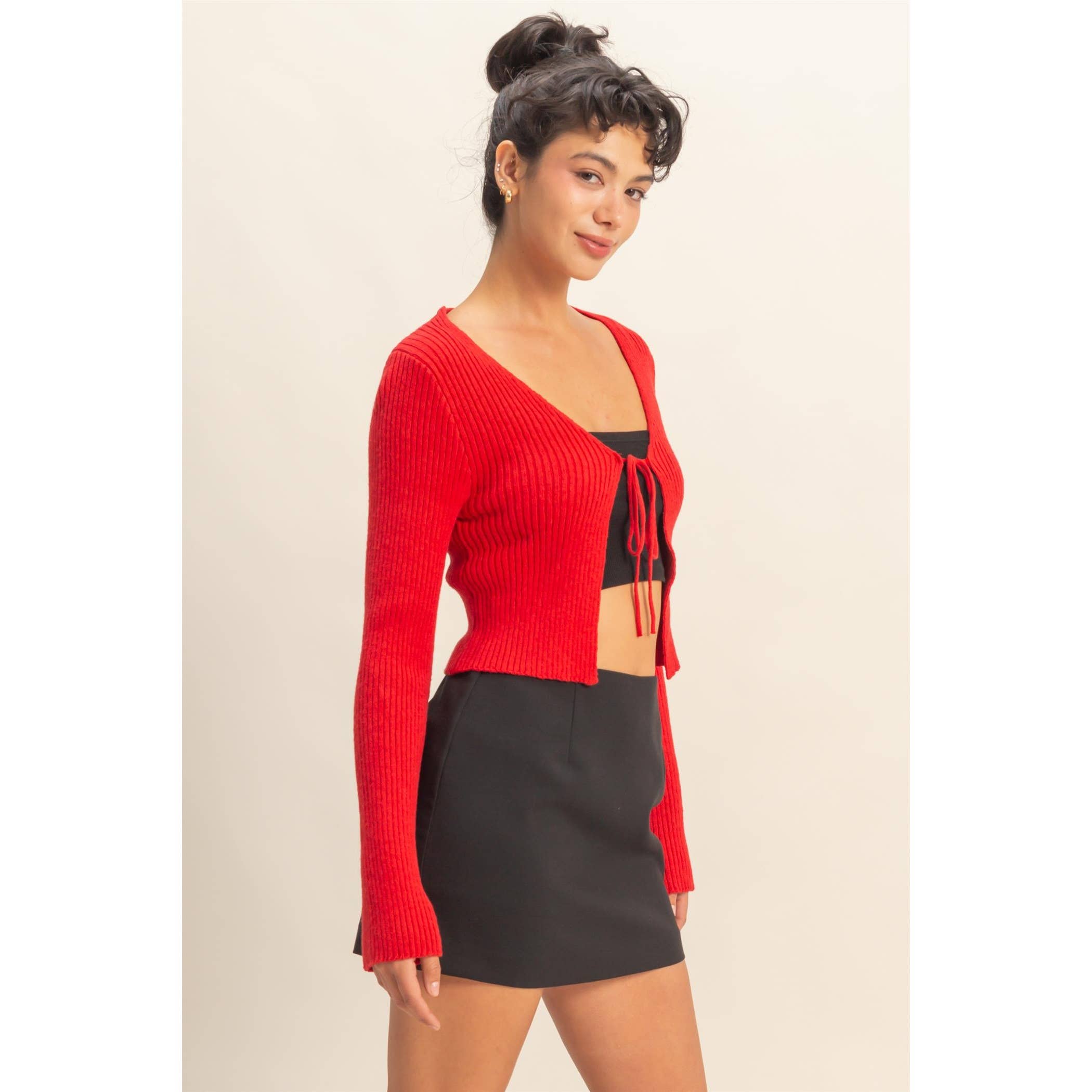 Tie Front V Neck Ribbed Cardigan