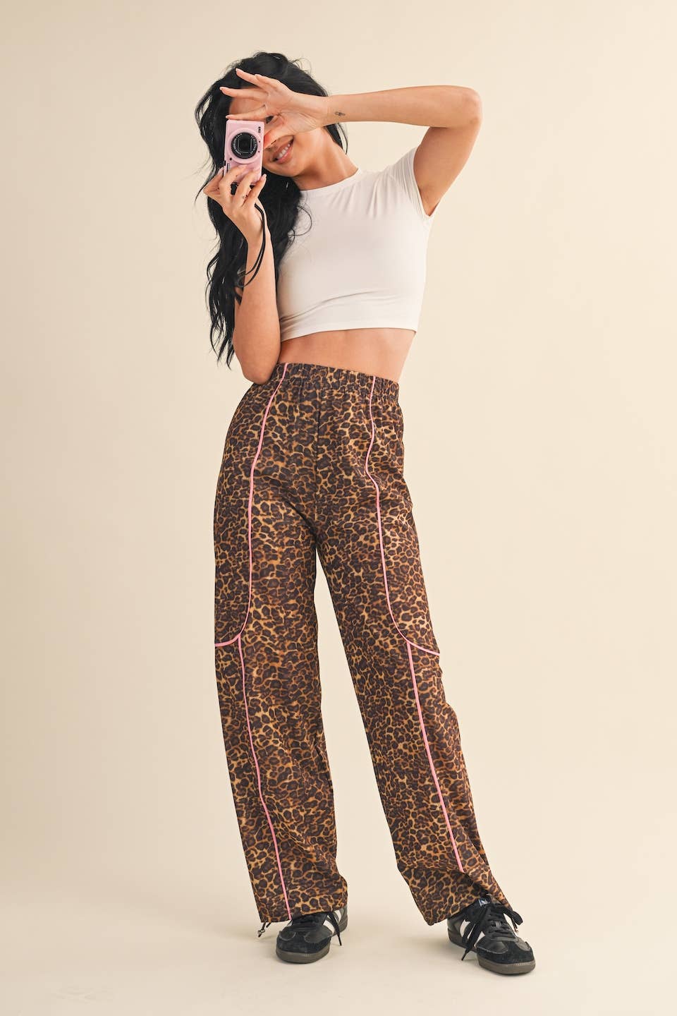 Leopard Print Nylon Track Pants with Contrast Piping