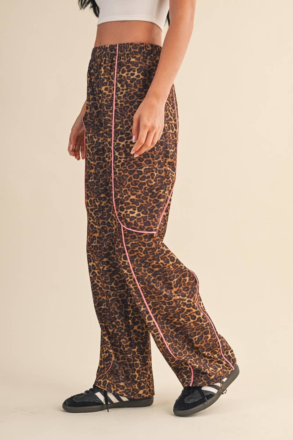 Leopard Print Nylon Track Pants with Contrast Piping