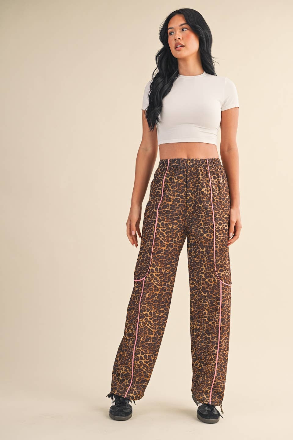 Leopard Print Nylon Track Pants with Contrast Piping