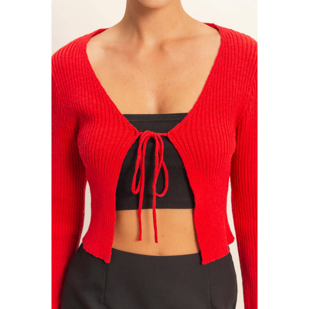 Tie Front V Neck Ribbed Cardigan