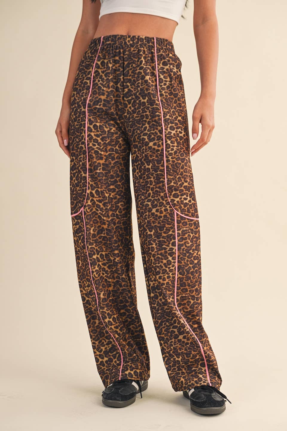 Leopard Print Nylon Track Pants with Contrast Piping