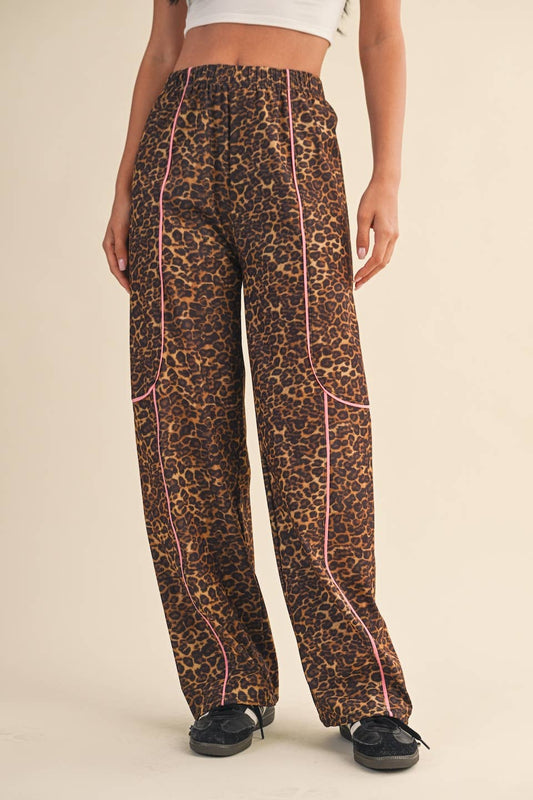 Leopard Print Nylon Track Pants with Contrast Piping