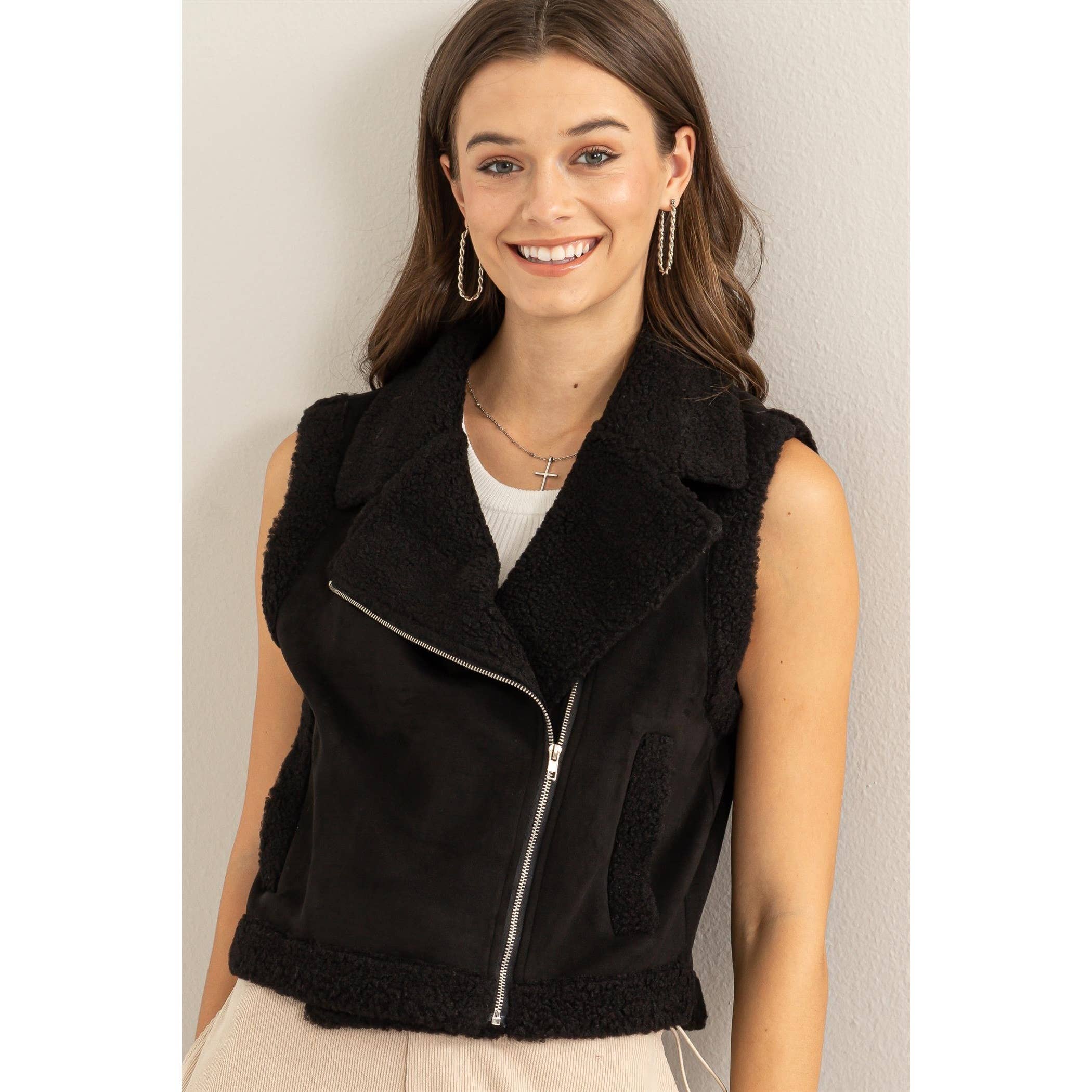 Faux Suede Fur Cropped Vest Black