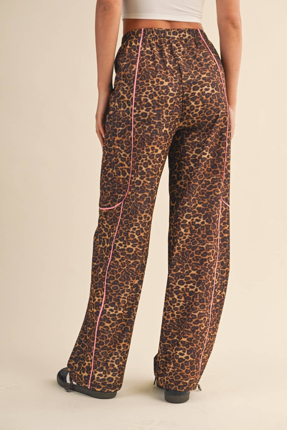 Leopard Print Nylon Track Pants with Contrast Piping