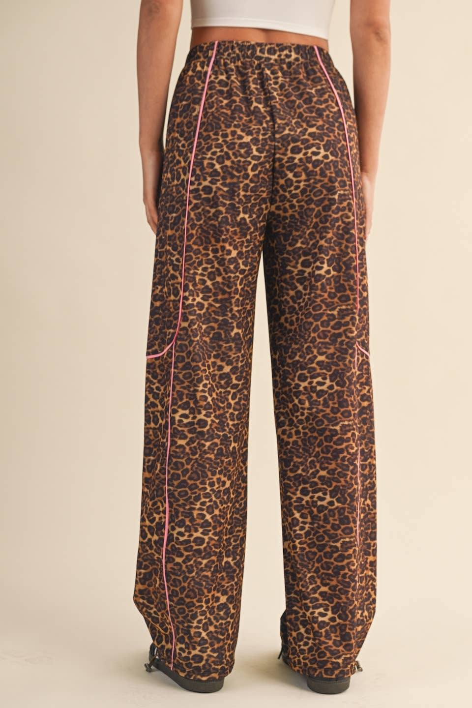 Leopard Print Nylon Track Pants with Contrast Piping