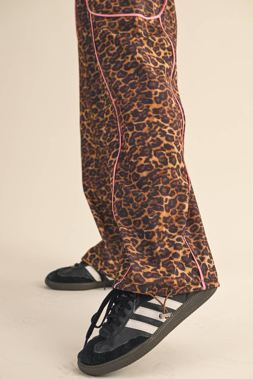 Leopard Print Nylon Track Pants with Contrast Piping